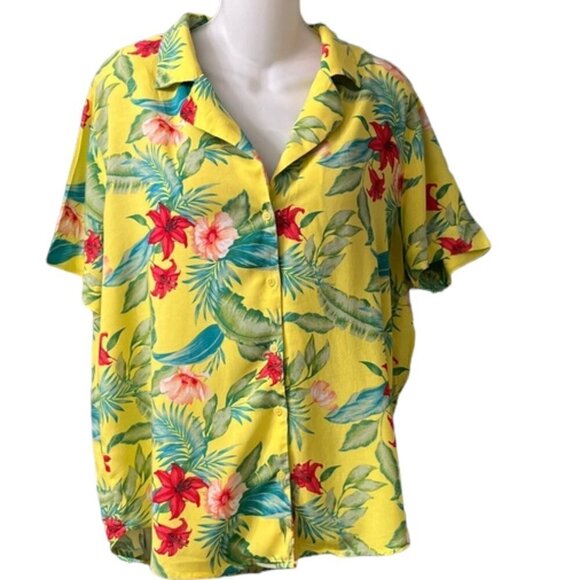 Forever 21 Womens Yellow Floral Short Sleeve Button-Down Hawaiian Shirt Large - Picture 5 of 12